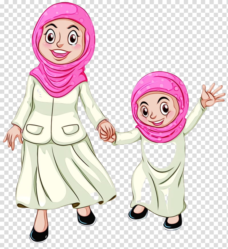 Woman Happy, Muslim, Child, Cartoon, Holding Hands, Smile, Pink, Gesture transparent background PNG clipart