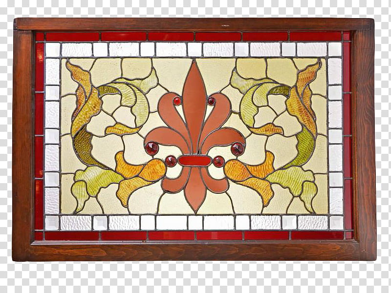 , beige, red and green fleur-de-lis stained glass decor with brown wooden frame transparent background PNG clipart