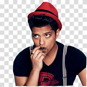 Bruno Mars, Bruno Mars in black and red shirt wearing red and black fedora hat transparent background PNG clipart