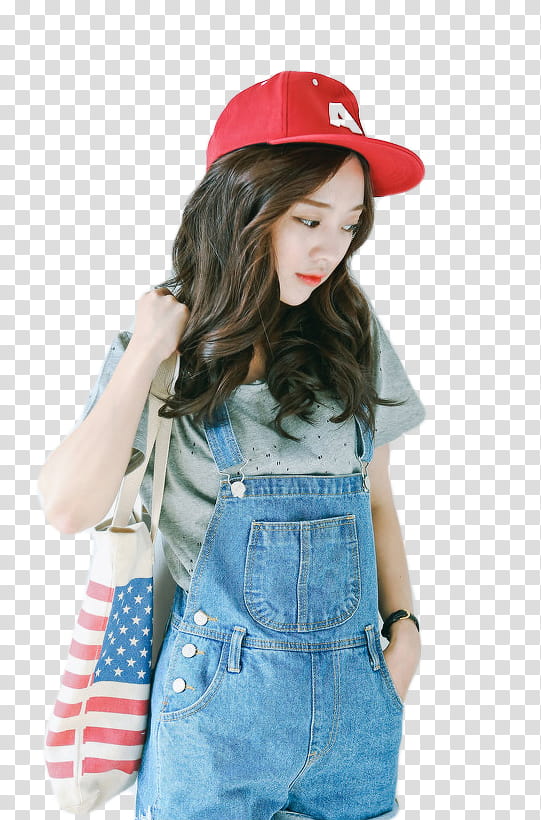 Ulzzang, woman with blue denim dungarees and red fitted cap transparent background PNG clipart