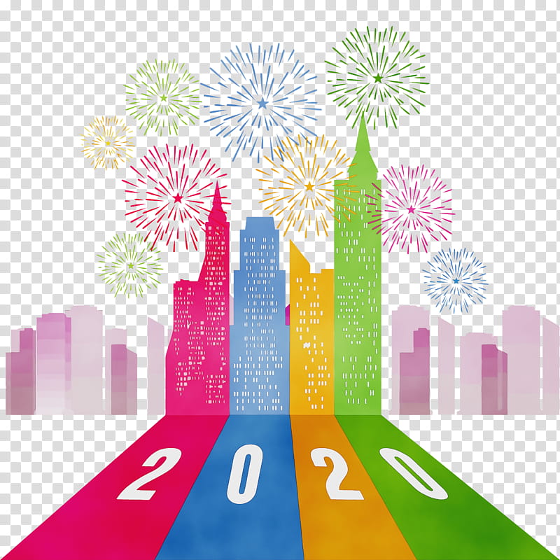 human settlement fireworks recreation skyline city, Happy New Year 2020, New Years 2020, Watercolor, Paint, Wet Ink transparent background PNG clipart