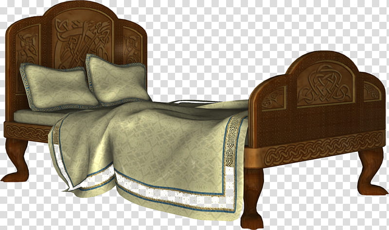 Furniture , brown panel bed with beige bedspread and two pillows on top transparent background PNG clipart