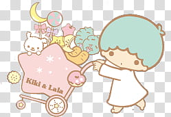 Iconos Little Twin Stars, Melody pushing Kiki & Lala cart filled with sweets transparent background PNG clipart