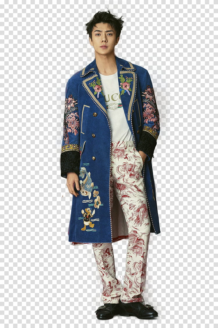 Sehun EXO L OPTIMUM , man in blue floral robe transparent background PNG clipart