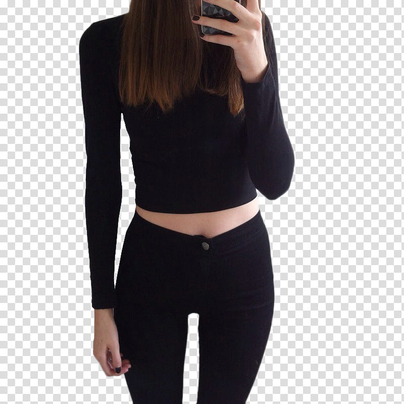 WATCHERS, woman in black long sleeved crop top and black fitted denim jeans transparent background PNG clipart