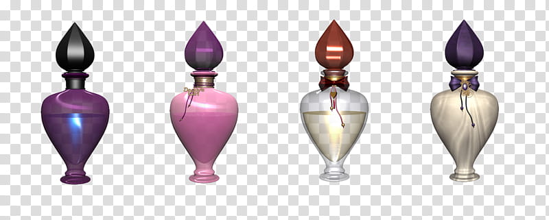 Perfume Bottles, four assorted-color fragrance bottles transparent background PNG clipart