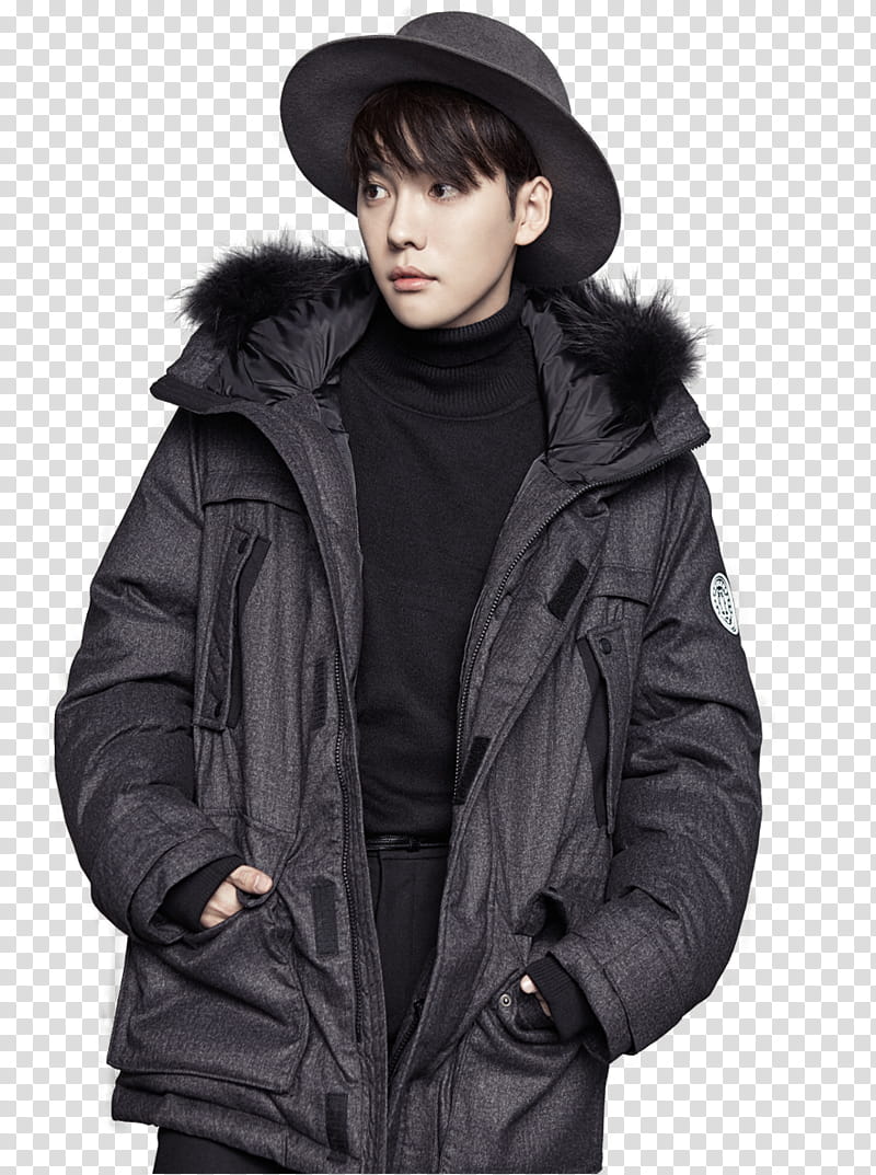 Winner, man wearing black parka jacket while hands on pocket transparent background PNG clipart