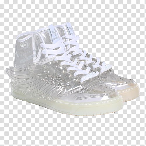 Full, pair of silver adidas Jeremy Scott high-top sneakers transparent background PNG clipart