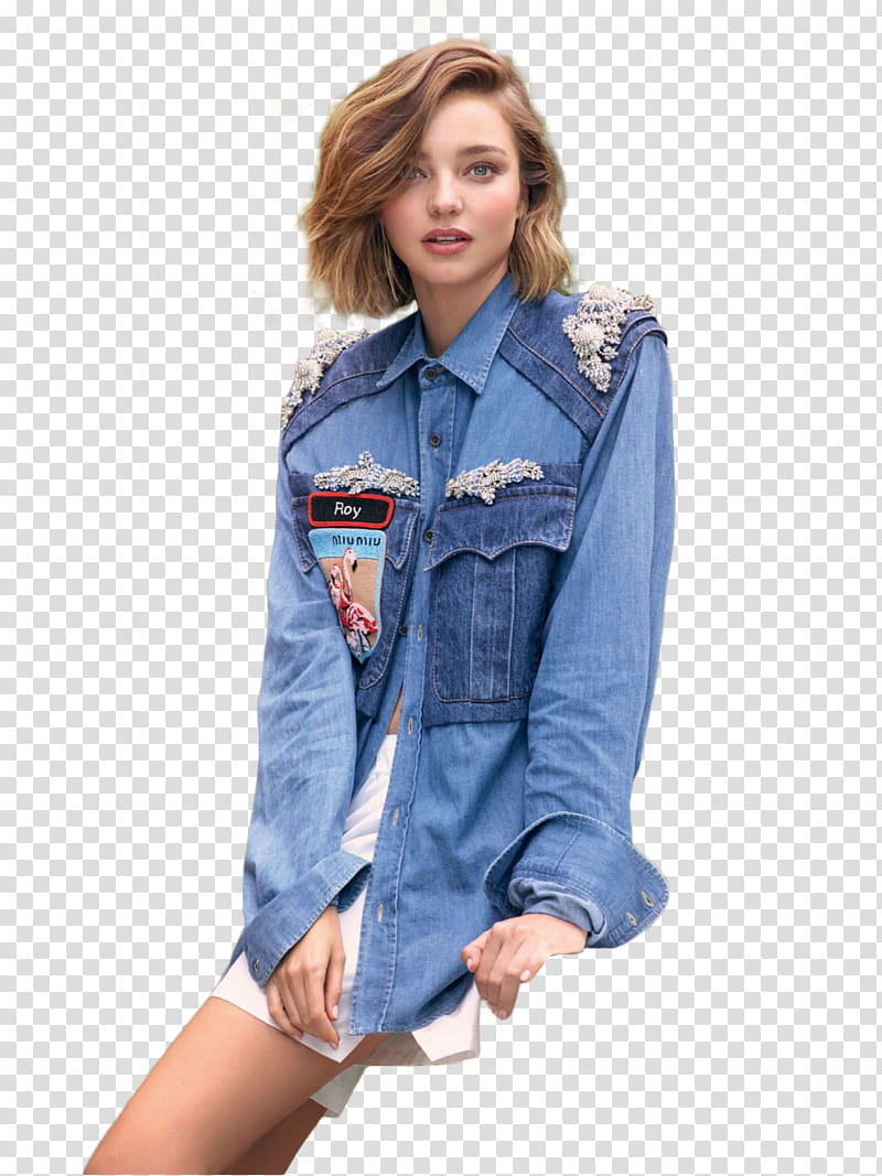 Miranda Kerr, woman wearing blue denim jacket transparent background PNG clipart