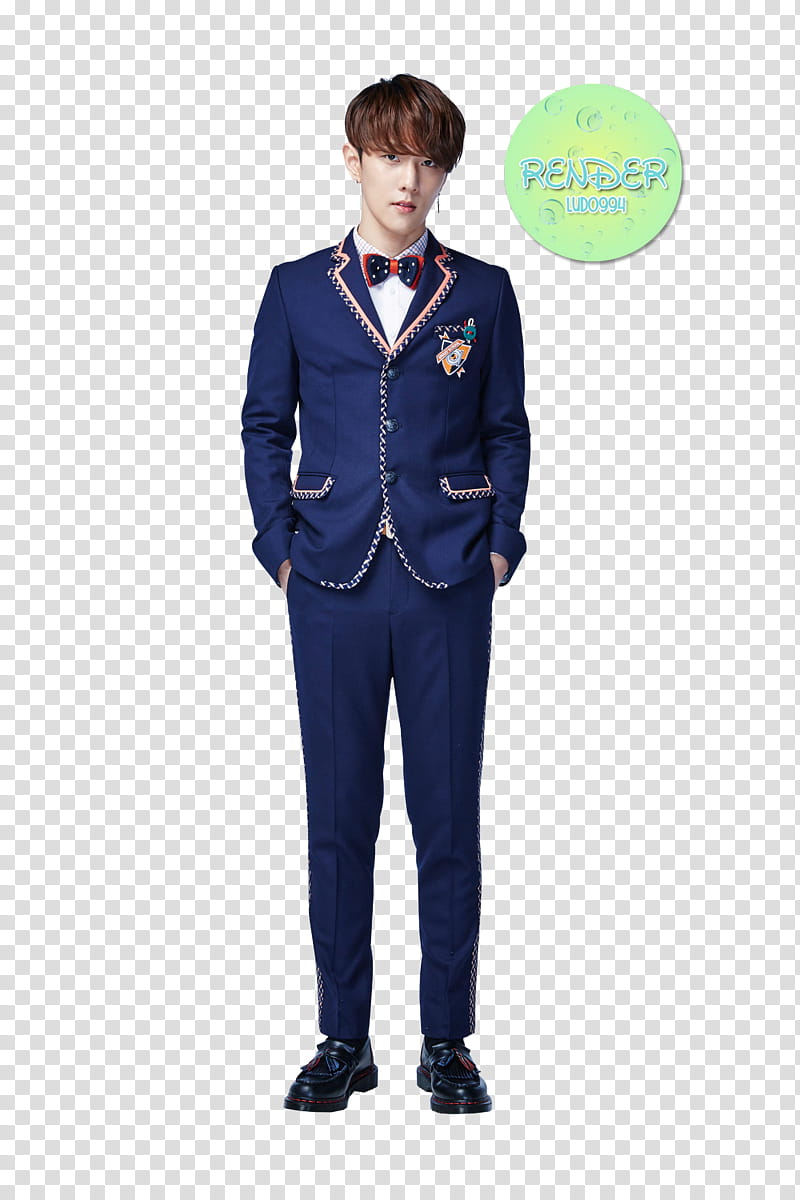 IKON, man wearing blue suit jacket and pants transparent background PNG clipart