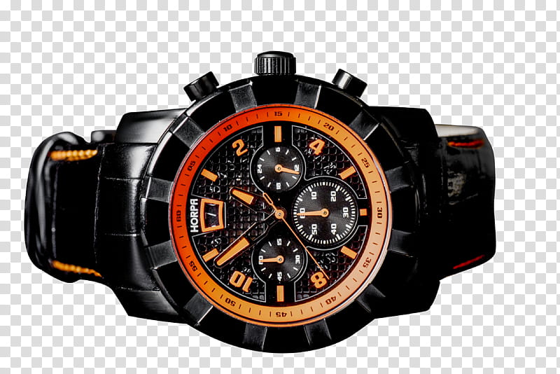 Black orange watch , round black and orange chronograph watch transparent background PNG clipart