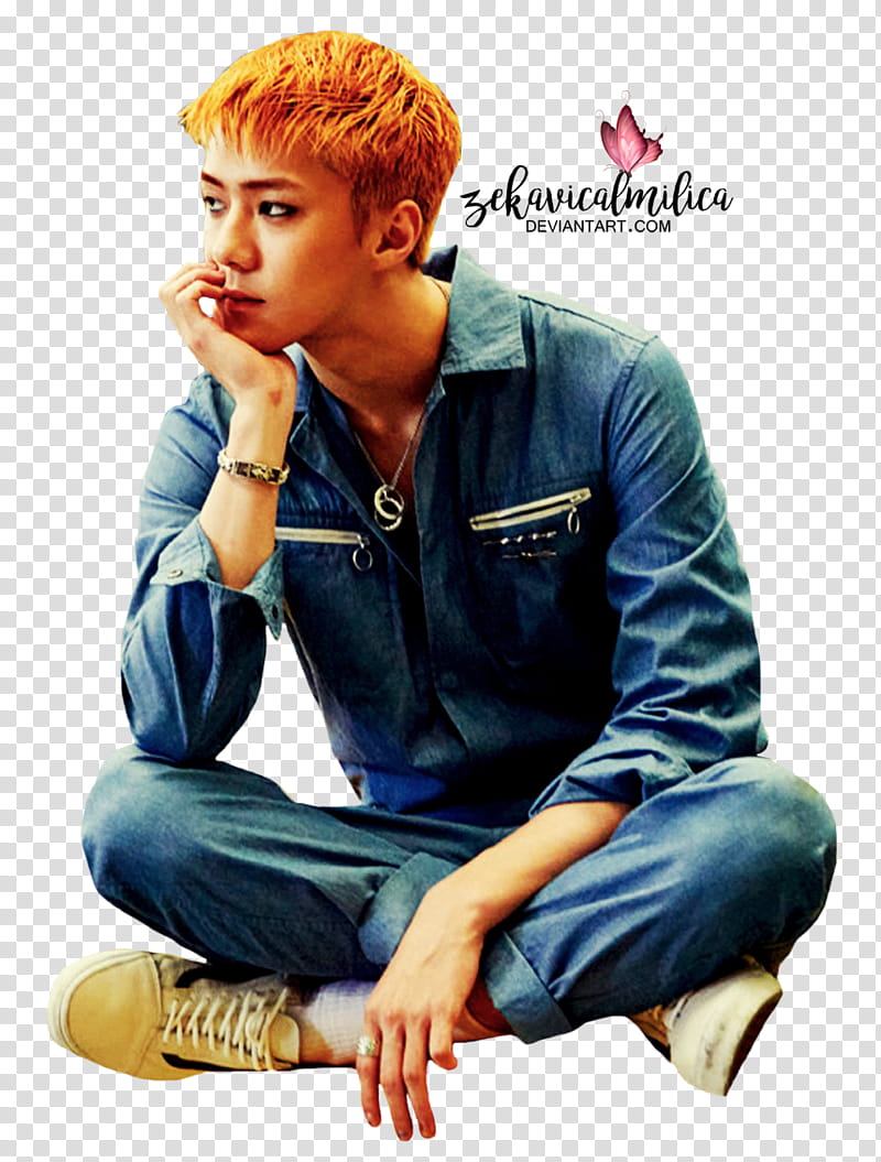 EXO Sehun The War, sitting man wearing blue denim jacket transparent background PNG clipart