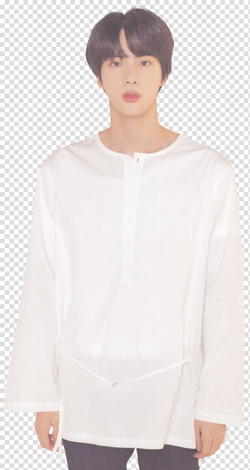 Standing BTS Jin wearing white long-sleeved shirt transparent