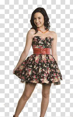 Demi Lovato, woman wearing black and pink floral sweetheart neckline dress transparent background PNG clipart