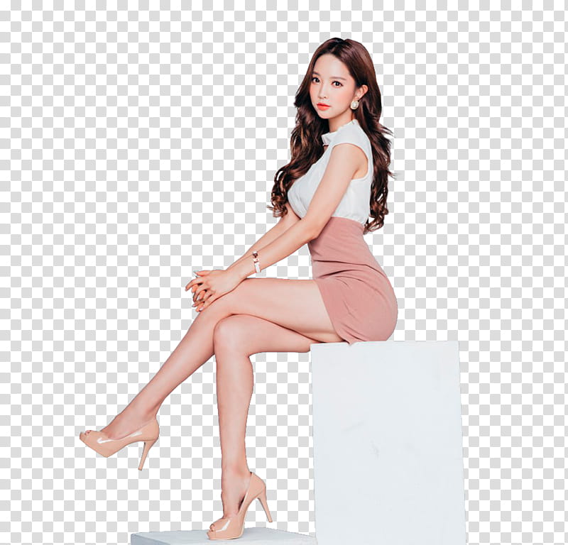 PARK SOO YEON, woman in white blouse and pink skirt sitting on white block transparent background PNG clipart