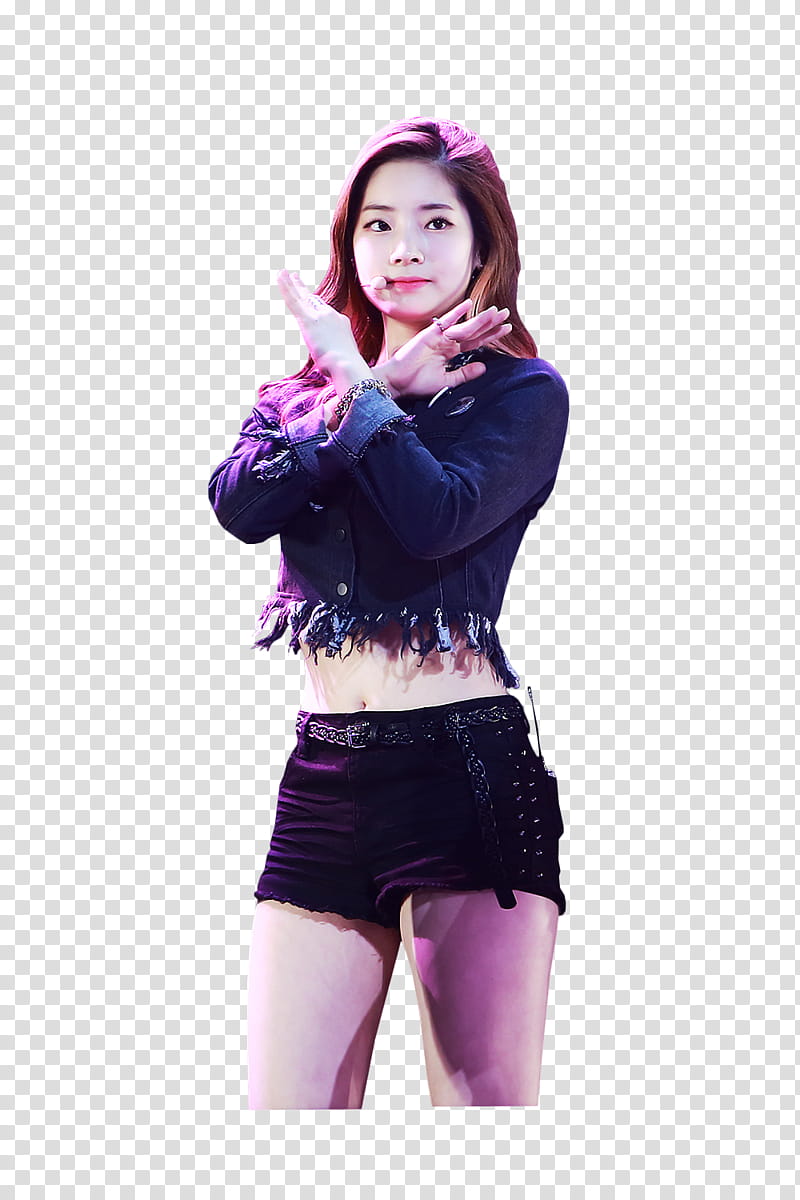 Twice Dahyun, woman wearing black long-sleeved crop top and black short shorts while crossing her hands transparent background PNG clipart