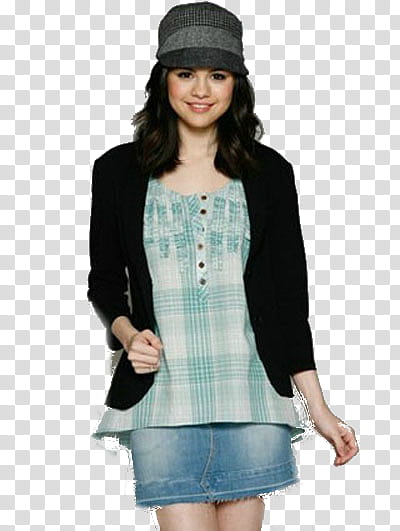 Selena Gomez, smiling woman in black cardigan and blue denim mini skirt transparent background PNG clipart