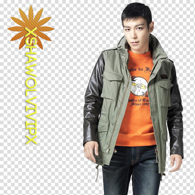 Bigbang Top render  HD, man in grey zip-up jacket and blue denim jeans standing transparent background PNG clipart