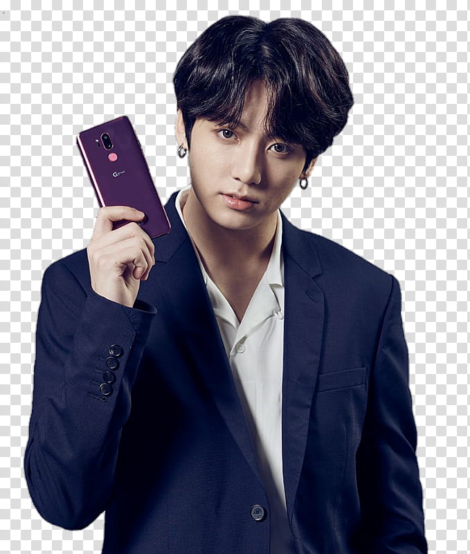 Jungkook LG, man holding purple Android smartphone transparent background PNG clipart