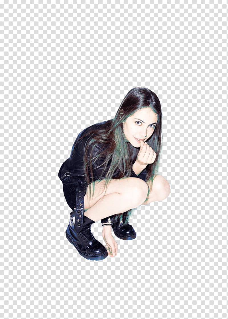Willa Holland, ducking woman wearing black leather combat boots transparent background PNG clipart
