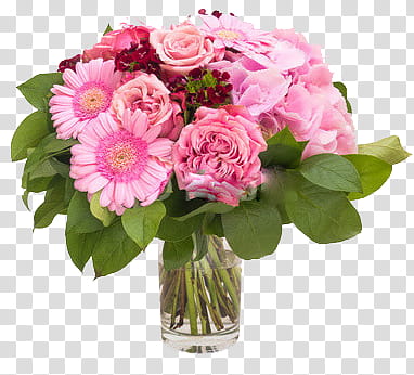 PINK s, pink and red daisies and roses in clear glass vase transparent background PNG clipart