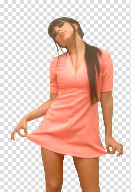 Lady Gaga , woman in pink V-neck mini dress standing while holding the bottoms of dress transparent background PNG clipart