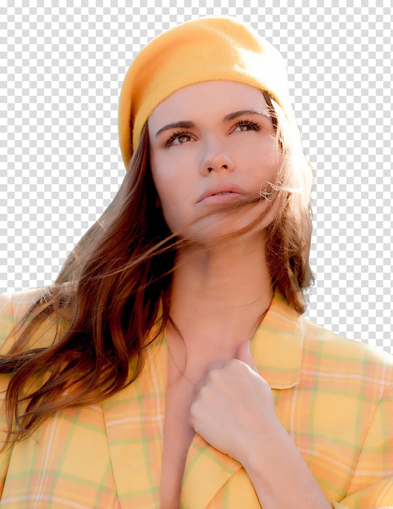Holland Roden, woman wearing yellow beret cap and yellow and green plaid top transparent background PNG clipart