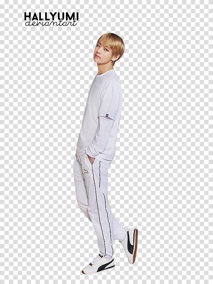 BTS PUMA, man in white crew-neck long-sleeved shirt and pants transparent background PNG clipart