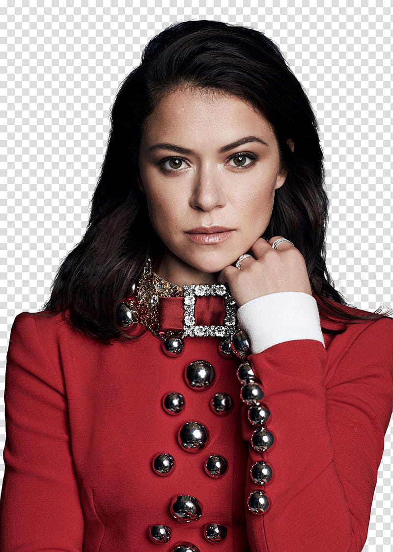 o Tatiana Maslany, man touching her neck while posing transparent background PNG clipart