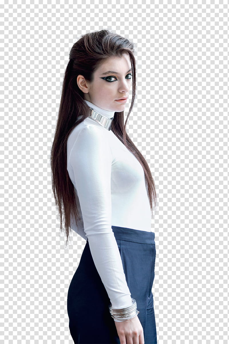 Lorde , woman wearing white long-sleeved shirt and black bottoms transparent background PNG clipart