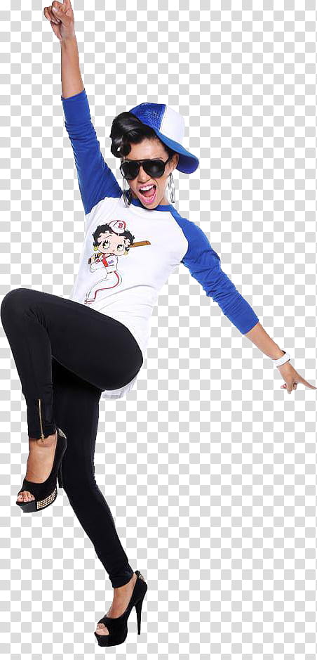 Diana Sanchez, woman wearing white-and-blue Betty Boop raglan crew-neck long-sleeved shirt and black pants outfit transparent background PNG clipart