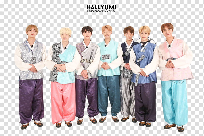 BTS Happy Chuseok , seven smiling men with text overlay transparent background PNG clipart