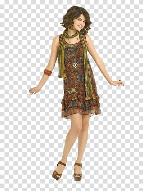Selena Gomez, Selena Gomez wearing brown and blue sleeveless mini dress transparent background PNG clipart