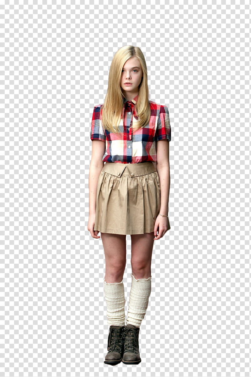 Elle Fanning, girl in plaid top and beige skirt transparent background PNG clipart
