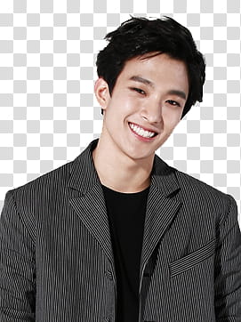 SEVENTEEN, man wearing black crew-neck shirt and gray and black striped suit jacket transparent background PNG clipart