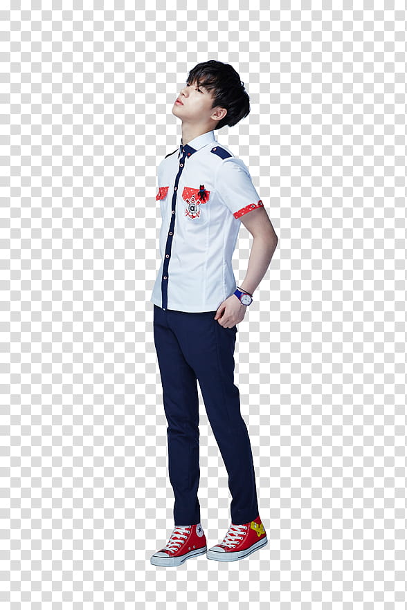 iKON Smart P, standing man wearing white collared shirt and blue pants transparent background PNG clipart