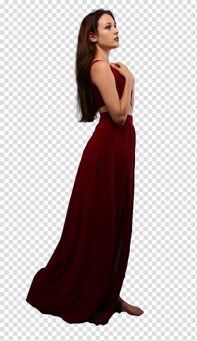 Watchers Model, woman wearing red -piece dress with hands on her chest transparent background PNG clipart