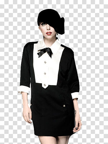 LADY GAGA , Lady Gaga in black and white elbow-sleeved minidress transparent background PNG clipart