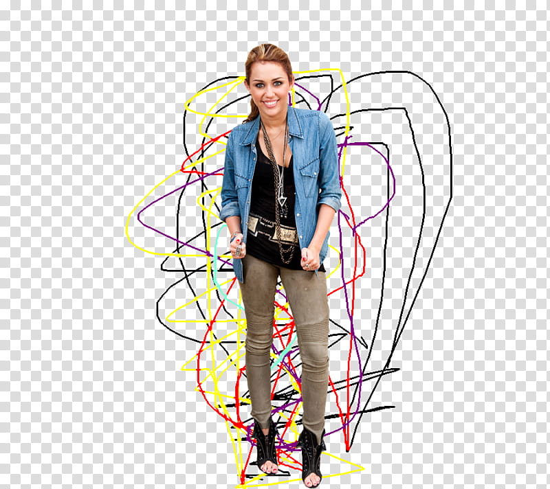 Miley Cyrus, woman wearing blue denim jacket with black inner shirt with brown panrts transparent background PNG clipart