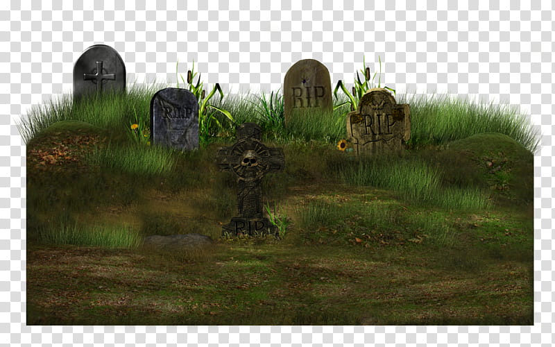 GRAVEYARD, several gray and brown tombstones and green grass illustration transparent background PNG clipart