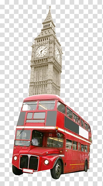 red double deck bus near Elizabeth's Tower transparent background PNG clipart