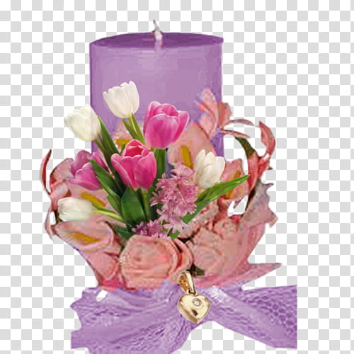Velas Estilo Vintage, pink and white tulip flowers and pink hyacinth flowers and purple pillar candle transparent background PNG clipart
