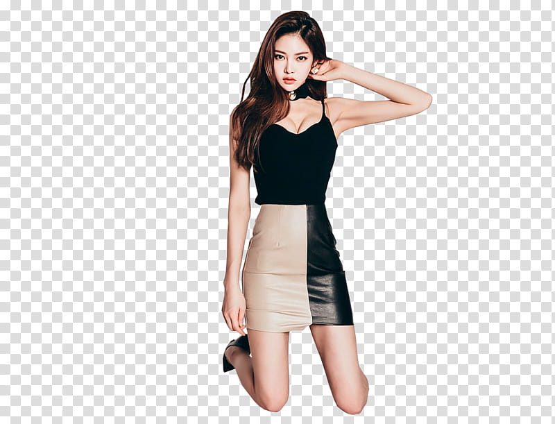 PARK JUNG YOON, woman wearing black spaghetti strap top and white and black leather skirt transparent background PNG clipart