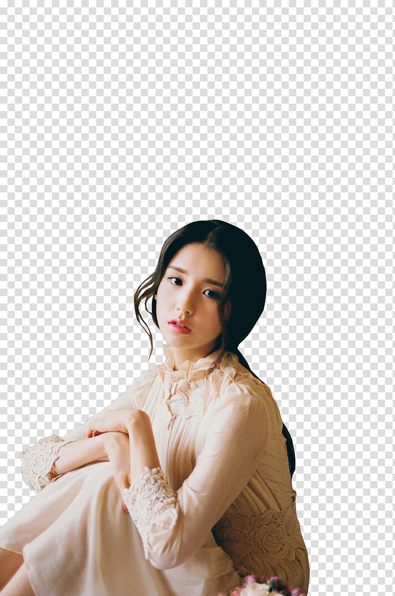 HEEJIN LOONA , sitting woman wearing beige dress transparent background PNG clipart