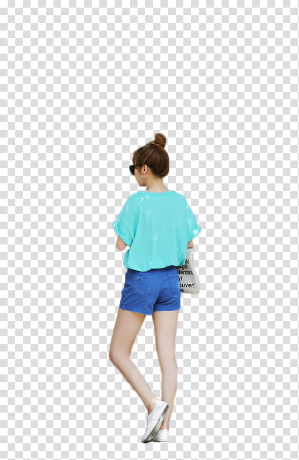 Ulzzang Girl, standing woman wearing green shirt and blue shorts outfit transparent background PNG clipart