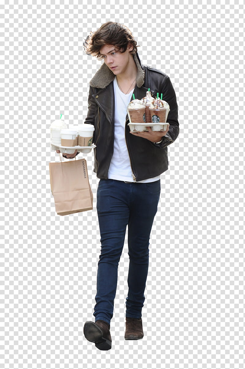 Harry Styles, man wearing black leather jacket holding Starbucks plastic cups transparent background PNG clipart
