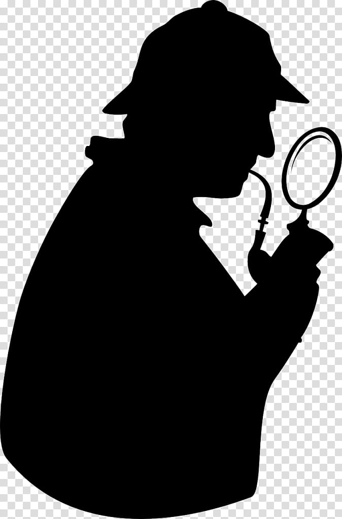 Magnifying Glass, Sherlock Holmes, John H Watson, Detective, Silhouette, Private Investigator, Cartoon, Blackandwhite transparent background PNG clipart