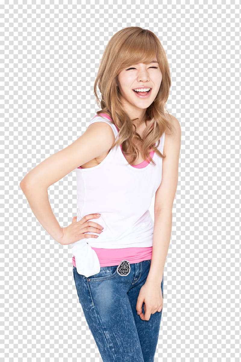 Sunny SNSD, woman wearing white tank top and blue denim jeans transparent background PNG clipart