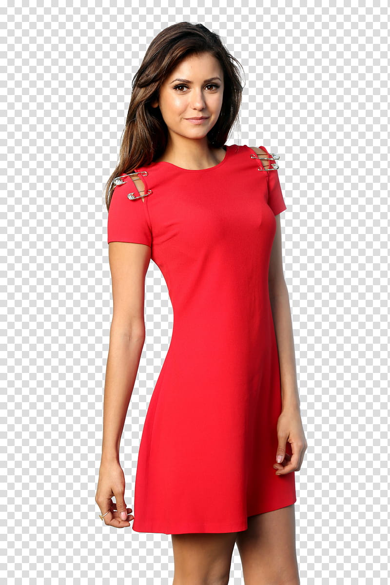 Nina Dobrev , woman wearing red dress transparent background PNG clipart