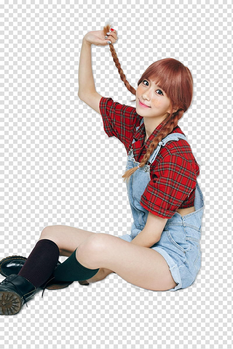 EYES PIPPI CONCEPT, red-haired woman with pigtails wearing red sports shirt and blue overalls sitting on floor transparent background PNG clipart